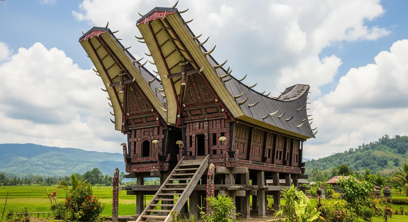 Tongkonan traditional house in Toraja, showcasing unique architecture and cultural heritage.