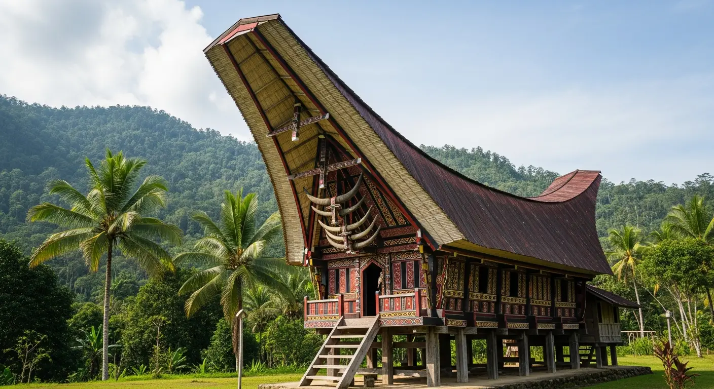 Toraja Tongkonan ancestral house in Sulawesi, showcasing traditional architecture and cultural heritage.