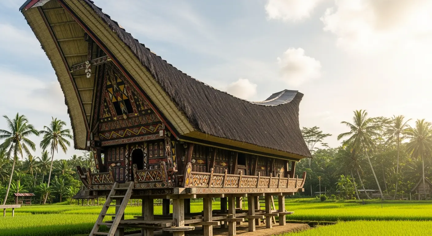 Toraja Tongkonan House showcasing traditional architecture in a scenic Toraja tour package setting.