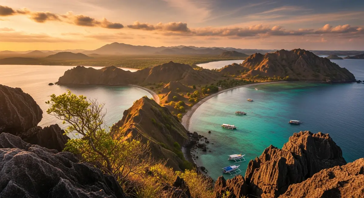 Torajatourpackage in Sulawesi — a dramatic island viewpoint over turquoise bays at golden