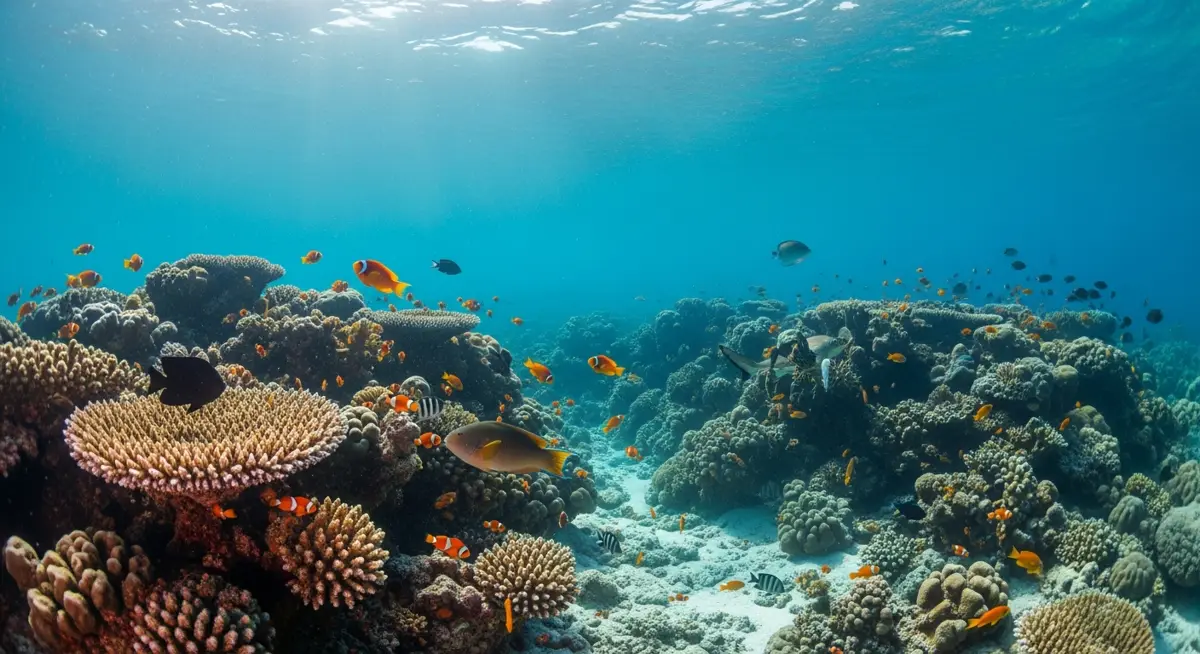 Torajatourpackage in Sulawesi — a vibrant coral reef and marine life in clear blue water